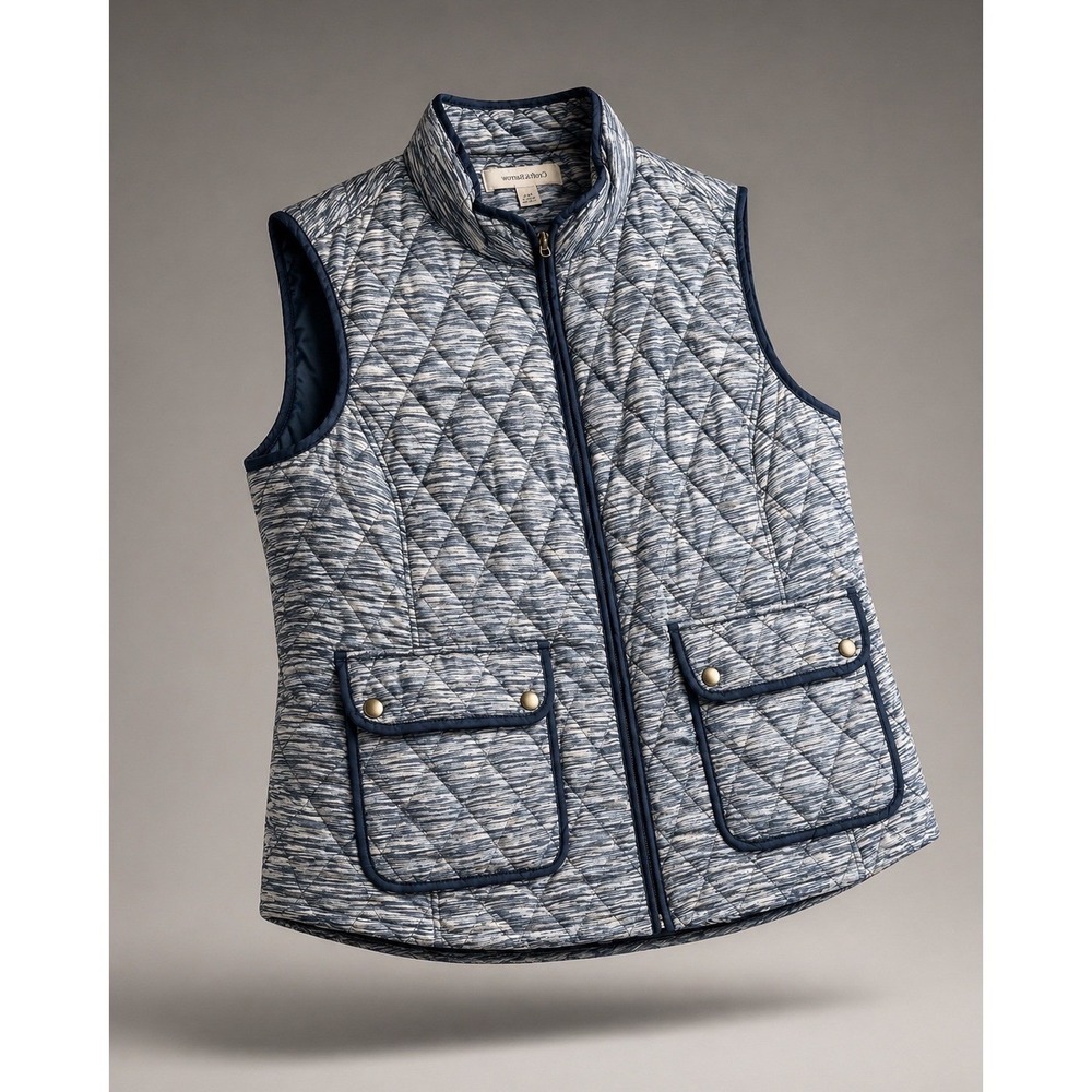 Croft & Barrow Women XXL Blue Quilted Vest Full Zip Space Dye Pockets Outerwear